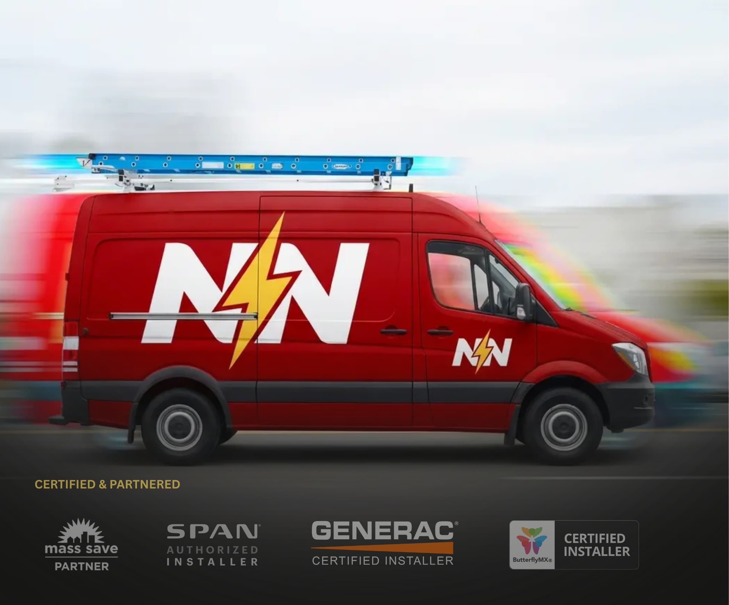 NN Electrical service van. Certified and partnered: Mass Save Partner, SPAN Authorized Installer, Generac Certified Installer, and ButterflyMX Certified Installer.